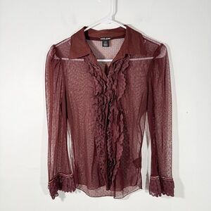 Guess Y2K Maroon Semi Sheer Ruffle Lace Polkadot Button Front Blouse Medium